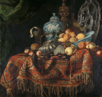 Still Life with Fruit, Plates and Dishes on a Turkey Carpet by Simon Luttichuys (attributed to)