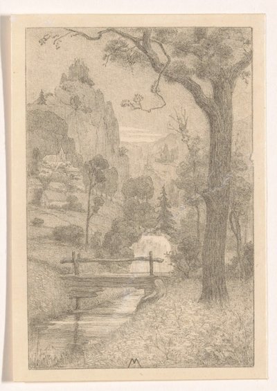 Mountain Landscape with Waterfall and Bridge by Simon Moulijn
