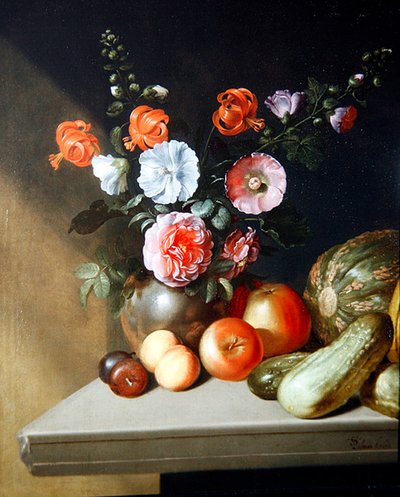 A Still Life of Roses, Delphiniums and Lilies by Simon Peter Tilmann