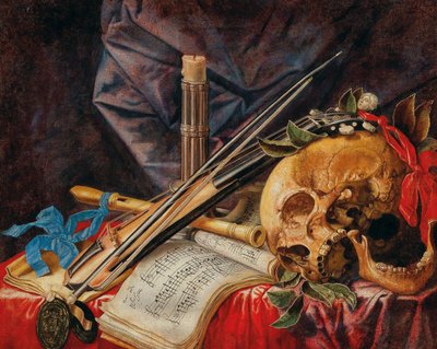 Vanitas still life with viola, clarinet, skull, scores and candle by Simon Renard de Saint Andre