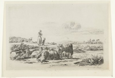 Landscape with Shepherdess and Dog by Flock of Sheep by Simon van den Berg