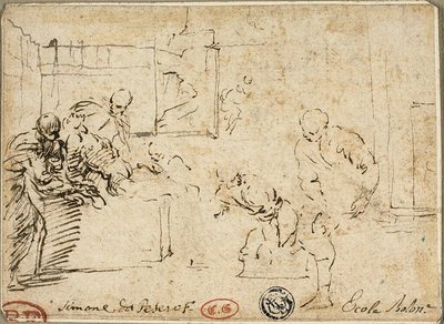 Interior with Male Nude Surrounded by Five Figures by Simone Cantarini