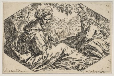 Repose in Egypt, Mary Holding and Looking at the Infant Christ while St. Joseph Stands by Simone Cantarini