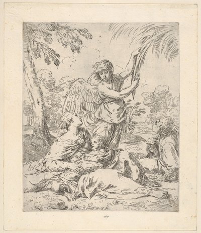 Repose in Egypt, Mary Nursing the Infant Christ While an Angel Pulls at Tree Branches by Simone Cantarini
