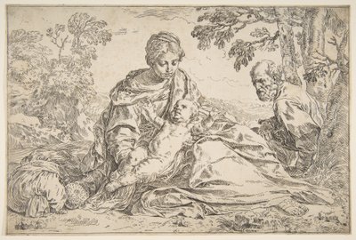 Rest on the Flight into Egypt, Mary holding the infant Christ with St. Joseph at right, ca. 1640 by Simone Cantarini