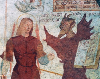 The Archangel Michael and the Devil with the Book of the Seven Deadly Sins (detail) by Simone II Baschenis