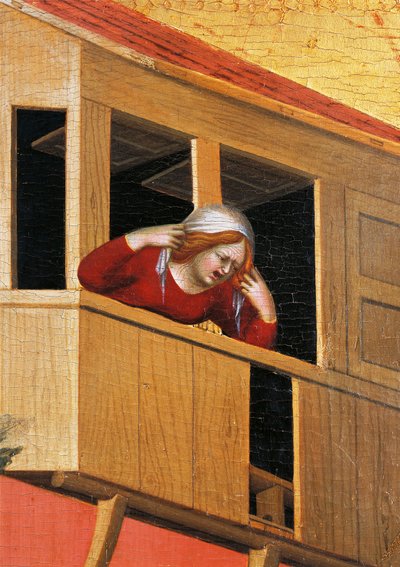 Woman leaning over balcony (detail) by Simone Martini