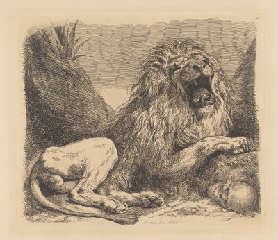 A Study from Nature; a lion among rocks, roaring, a human skull lower right by Sir George Hayter