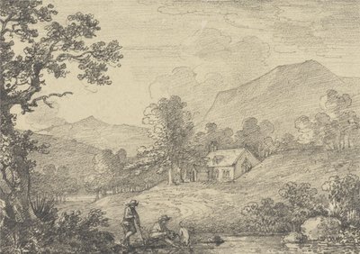 Two Figures by the Side of a Pond and a Church in a Hilly Landscape by Sir George Howland Beaumont seventh Baronet