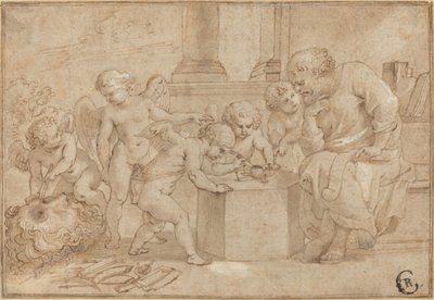 Elderly Man Watching Putti Dissect an Eye by Sir Peter Paul Rubens