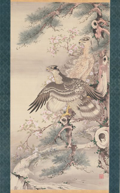 Pair of Hawks with Branch and Blossoms by Soga Shohaku