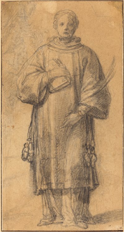 A Standing Saint Holding a Book and a Palm Frond by Spanish 17th Century