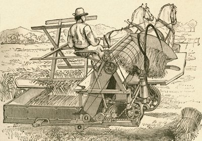 A harvesting machine, pulled by horses, which tied the sheaves of corn mechanically, used in the late 19th century. From El Museo Popular published Madrid by Spanish School