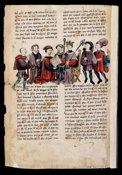 A man presents a book to the king, miniature in 
