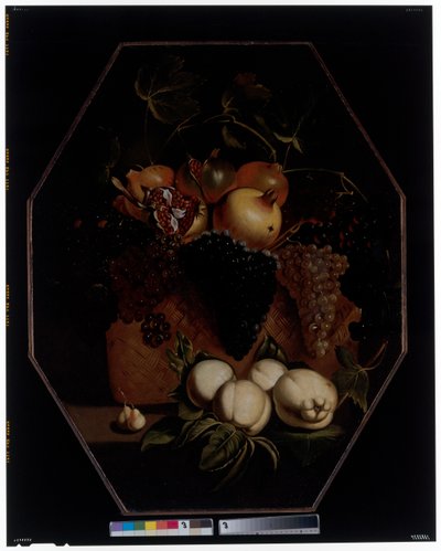 A Still Life with Pomegranates and Grapes in a Basket by Spanish School