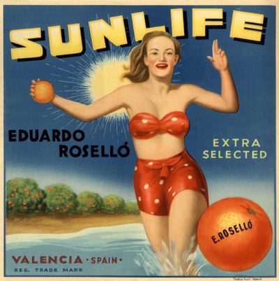Advertising for oranges, image of a woman in a swimsuit. Advertising poster, Valencia by Spanish School