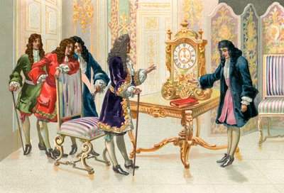 Christiaan Huygens presenting the pendulum clock to Louis XIV by Spanish School