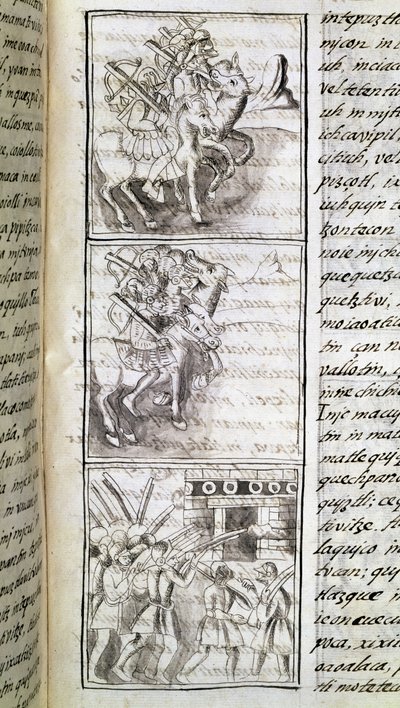 Codex of the conquest of Mexico: the Spaniards ready to attack the city of Tenochtitian. Miniature of the Florentine manuscript 