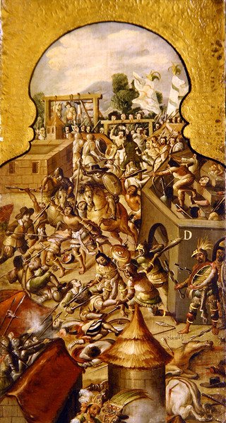 Depiction of the atrocities committed during the fighting for the conquest of the Temple Mayor and the Zocalo piazza by Spanish School