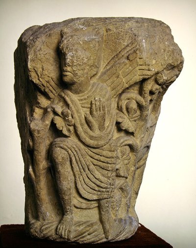 Double Capital Depicting an Angel with Left Hand Raised in Benediction by Spanish School