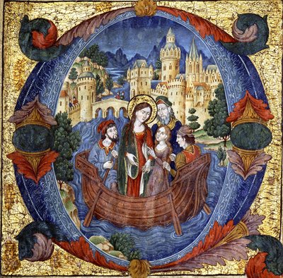 Female Saint in a Boat with a Courtly Couple and Two Boatmen, within a Large Historiated Initial 