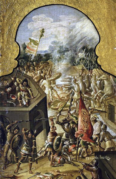 Fierce Clashes Between Indigenous People and Spanish in Efforts to Conquer the Temple Mayor in Mexico City by Spanish School