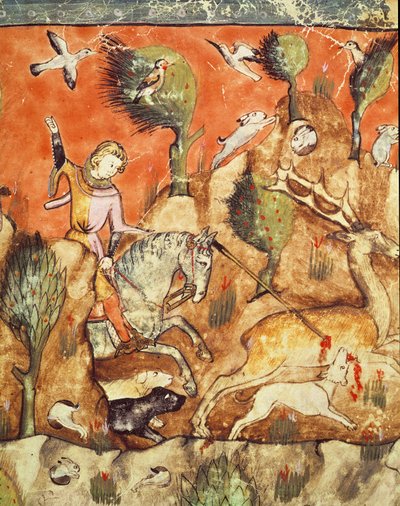A hunter chasing a deer, from the Codex Benito Santa Mora by Spanish School