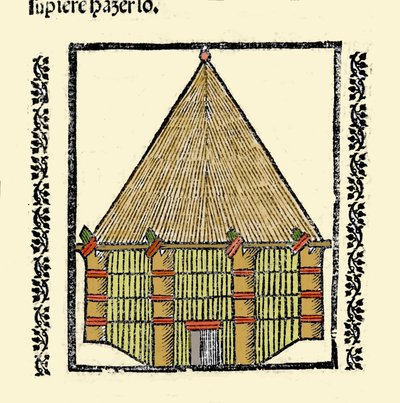 Habitat: description of the Cabane des Indigenes Caraibes. Engraving from the book 