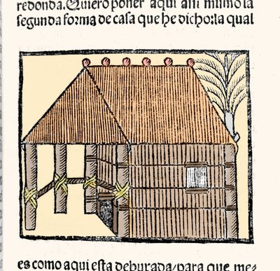 Habitat: description of the Indios hut. Engraving from the book 