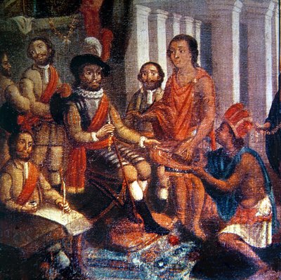 Hernando Cortes receiving the homage of the Aztecs by Spanish School