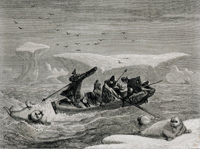 Hunting Walrus with Harpoons in the Spitsbergen Islands, Svalbard archipelago, illustration from 