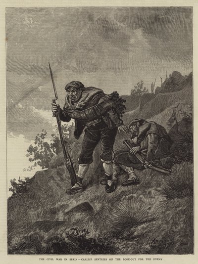 The Civil War in Spain, Carlist Sentries on the Look-Out for the Enemy (engraving) by Spanish School