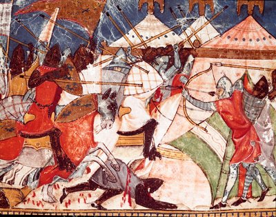 Trojan War: Trojans invade the military camp of Greek warriors. (detail) of a miniature from the Spanish manuscript 