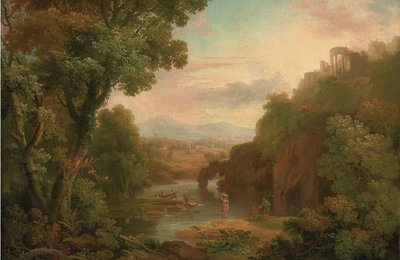A Classical Landscape with Fishermen and a Washerwoman, a Hilltop Villa and Mountains Beyond by Sr. George Barret