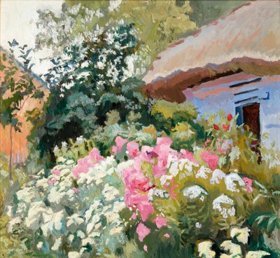 Flowers in Front of a Cottage by Stanislaw Kamocki