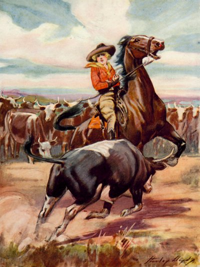 Scene from At the Mercy of Brigands: a cowgirl on horseback being charged by a large steer by Stanley Lloyd