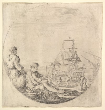 A black sailor standing to left, in profile to the right, a white sailor seated by Stefano della Bella