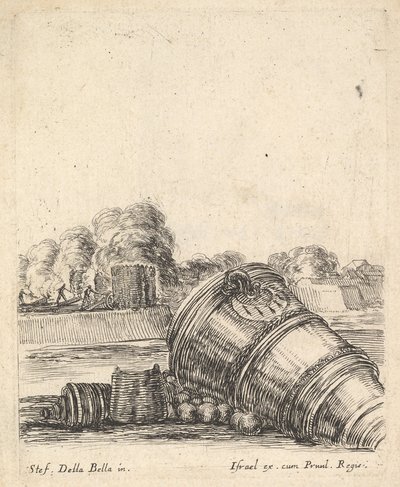 A Mortar Without a Carriage Lying on the Ground to the Right, Soldiers Firing Cannon by Stefano della Bella