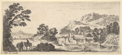 A Mule Carrying a Woman and a Peasant Walking with a Mule to the Left, a Fisherman to the Right by Stefano della Bella