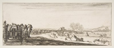 A Procession of Horse-Drawn Cannon Carriages to Left, Horsemen in Combat and a Dead Horse by Stefano della Bella