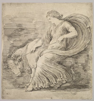 A Woman in Profile Pulling Back on a Rope Tied Around the Horns of a Young Bull by Stefano della Bella