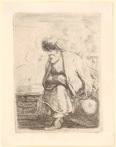 Old Turk with Coat and Turban Sitting on a Stone by Stefano della Bella