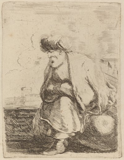 An Old Turk with Turban Seated on a Rock by Stefano della Bella