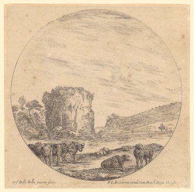 Ancient temple ruin with resting buffaloes and a rider in the background by Stefano della Bella