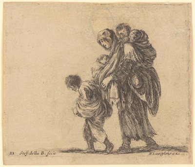 Poor woman walking to the left with a child on her back, a toddler in a sling and an older child in front of her by Stefano della Bella
