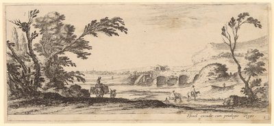 Peasant Woman on a Pack Animal, Peasants and Two Riders Crossing a River by Stefano della Bella