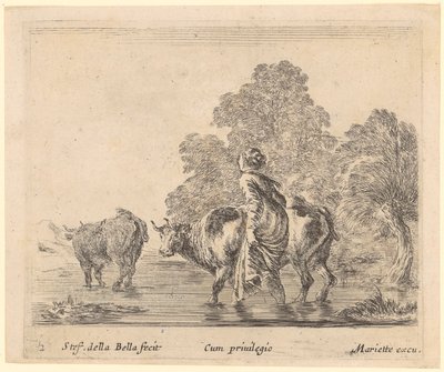 Peasant Woman Crossing a River with Two Cows by Stefano della Bella
