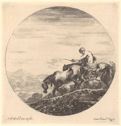 Farmer Drives His Animals to the Left Towards the River, Plate 2 of the Series "Six Animal Motifs in Round Representation" by Stefano della Bella