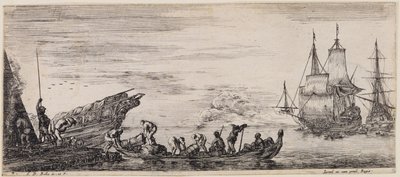 Loading of Various Ships: At left, a loading quay with a guard post and dockworkers unloading a boat by Stefano della Bella