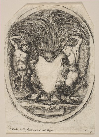Cartouche Formed by a Tiger Skin Flanked by Two Centaurs by Stefano della Bella